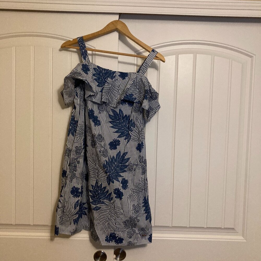 Tommy Hilfiger Sundress Size Small Blue and White Stripes Floral Print Ruffle